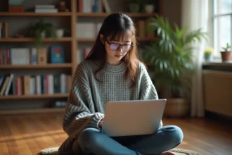 Jeune femme lisant des mangas en ligne sur un ordinateur portable, assise sur un parquet en bois dans un appartement chaleureux