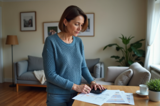 Femme d'âge moyen utilisant une calculatrice dans son salon