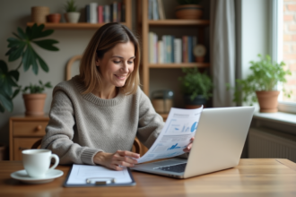 Femme d'âge moyen lisant un rapport financier à la maison