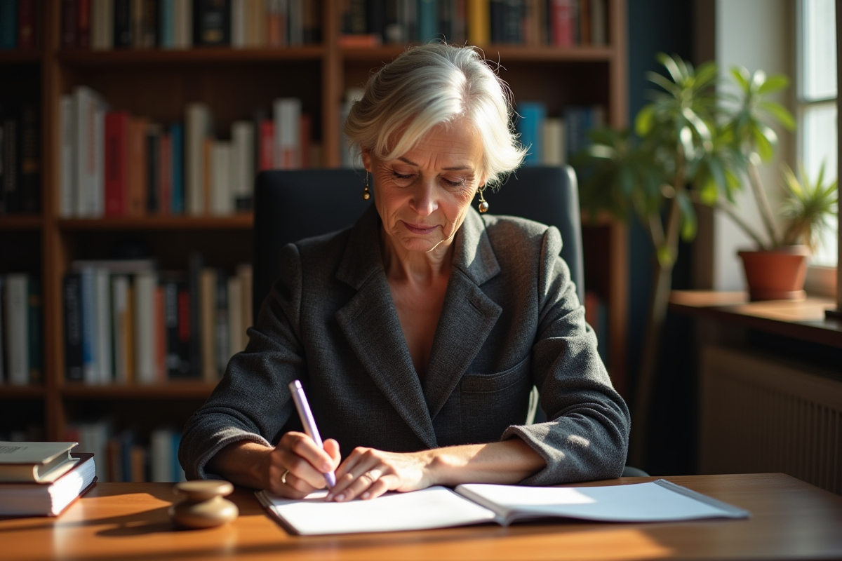 Femme lisant des documents dans un bureau ensoleille