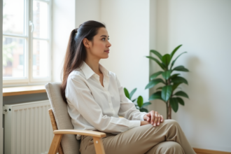 Jeune femme en blanc et beige dans un salon minimaliste