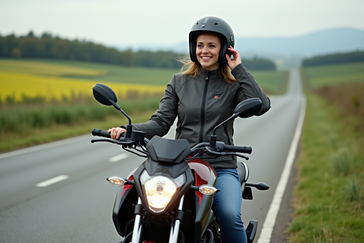 Femme en moto dans un paysage rural