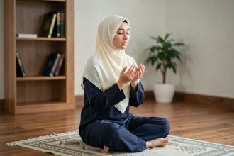 Femme musulmane en prière faisant une douaa Istikhara avec sérénité sur un tapis de prière à la maison