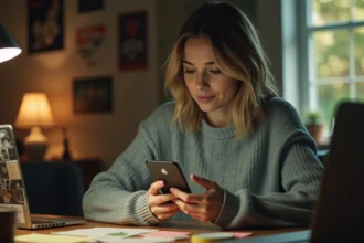 Jeune femme nostalgique parcourant les réseaux sociaux sur son smartphone dans un bureau à domicile, évoquant l'évolution des blogs des années 2000
