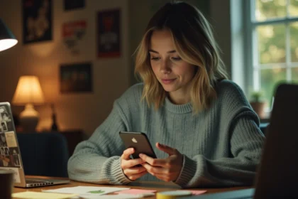 Jeune femme nostalgique parcourant les réseaux sociaux sur son smartphone dans un bureau à domicile, évoquant l'évolution des blogs des années 2000
