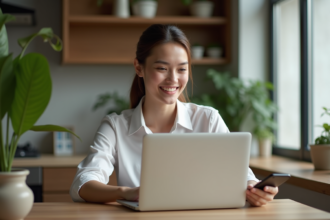 Jeune femme avec ordinateur et smartphone dans la cuisine
