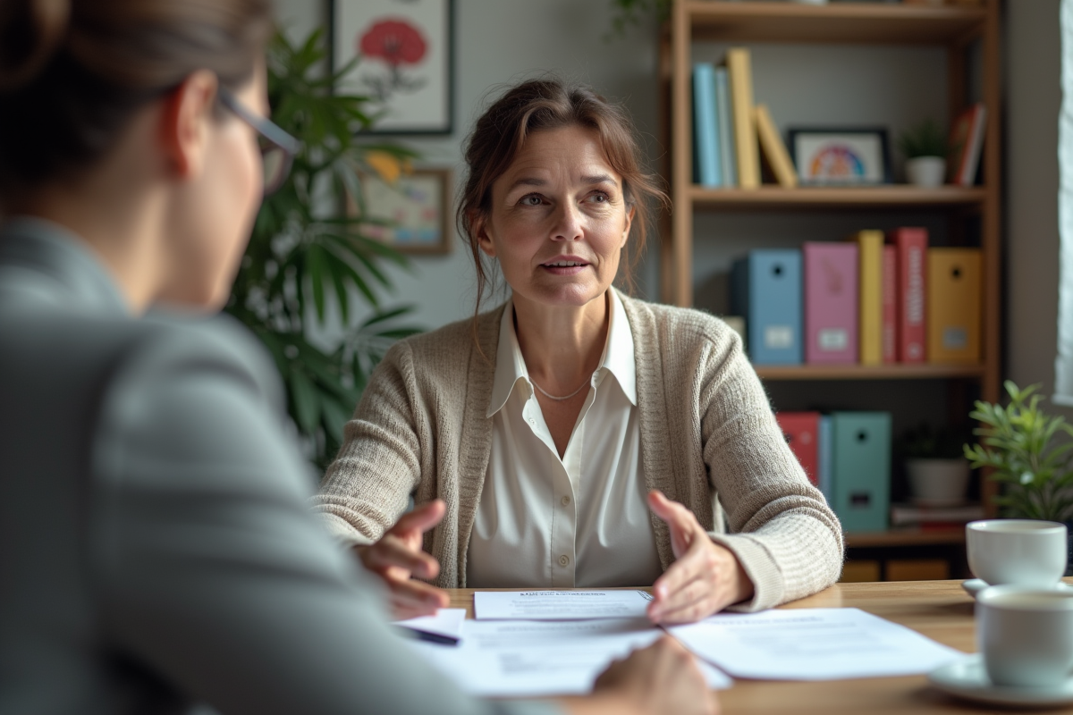 Femme expérimentée expliquant des documents dans son bureau