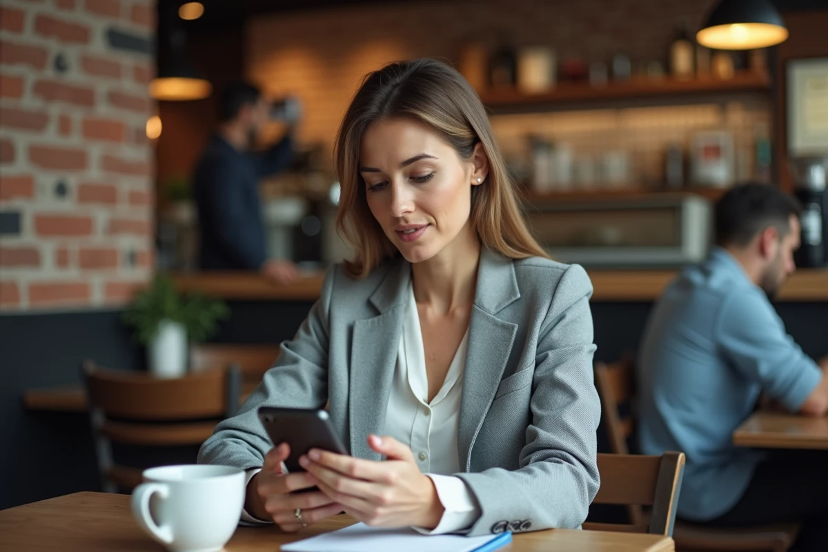 Femme consultant une application de paris multiples sur smartphone dans un café urbain