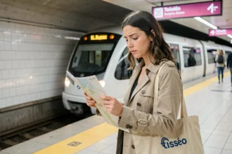 Jeune femme consultant un plan du métro de Toulouse sur le quai d'une station VAL