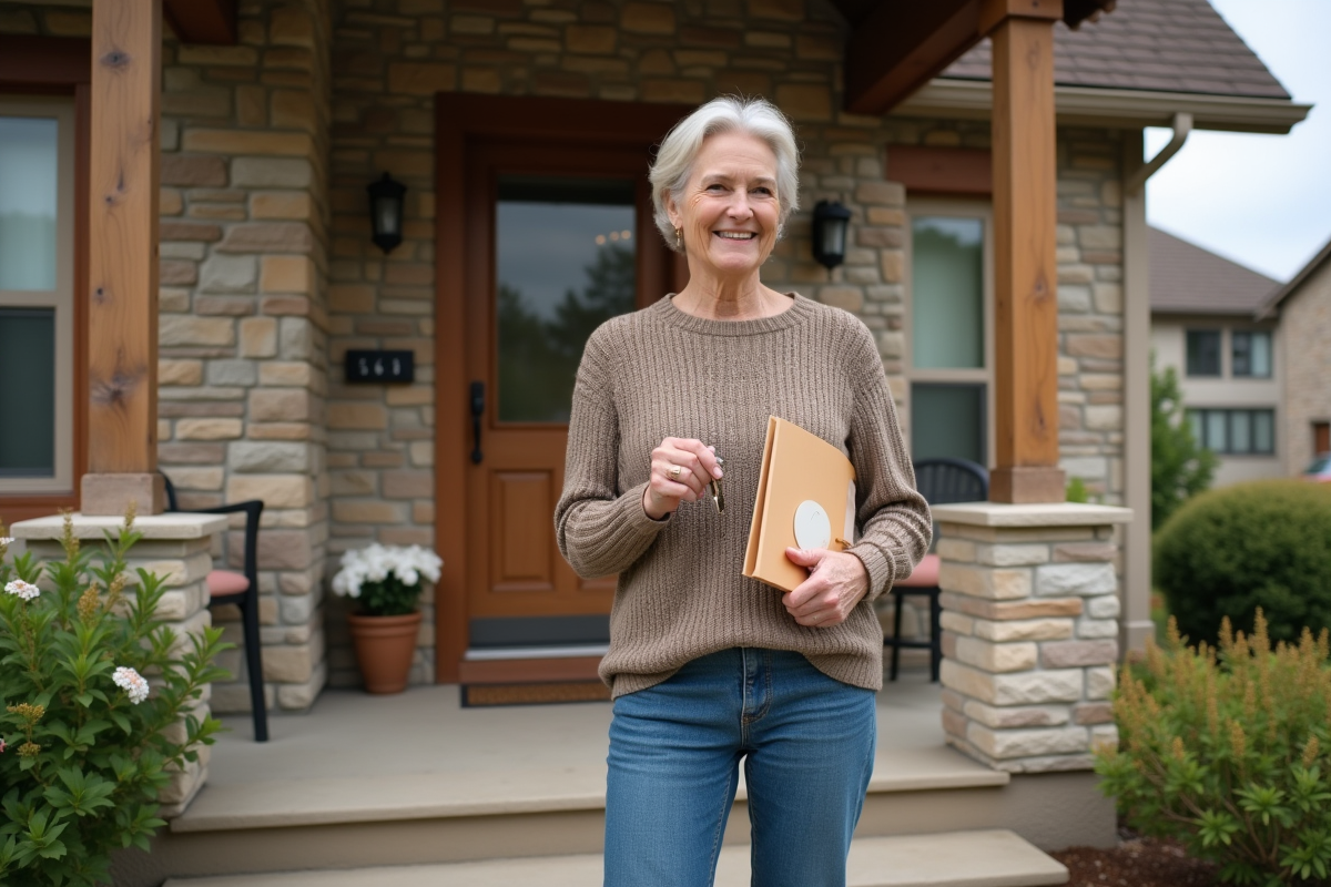 Femme souriante tenant des clés de maison sur la terrasse d