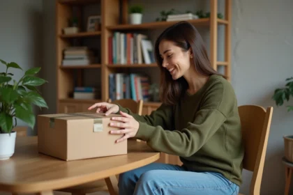 Jeune femme souriante ouvre un colis dans un intérieur chaleureux