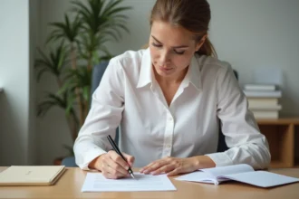 Femme professionnelle rédigeant une lettre administrative avec des formules de politesse appropriées à un bureau en bois