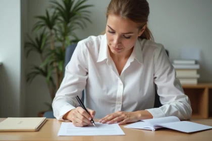 Femme professionnelle rédigeant une lettre administrative avec des formules de politesse appropriées à un bureau en bois
