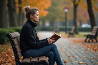 Femme assise dans un parc automnal avec un carnet