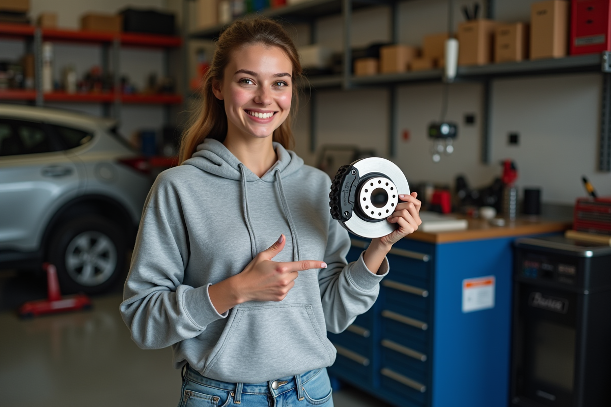 Jeune femme expliquant le remplacement d’un disque de frein intérieur
