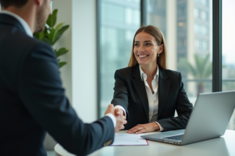 Jeune femme d affaires souriante serre la main d un partenaire