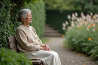 Femme âgée assise dans un jardin paisible et verdoyant
