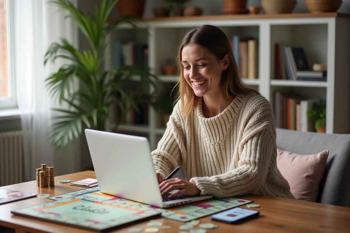 Femme souriante jouant à des jeux de société dans un salon lumineux
