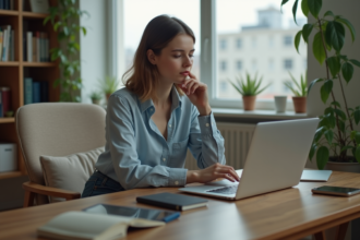 Jeune femme au bureau regardant son ordinateur portable