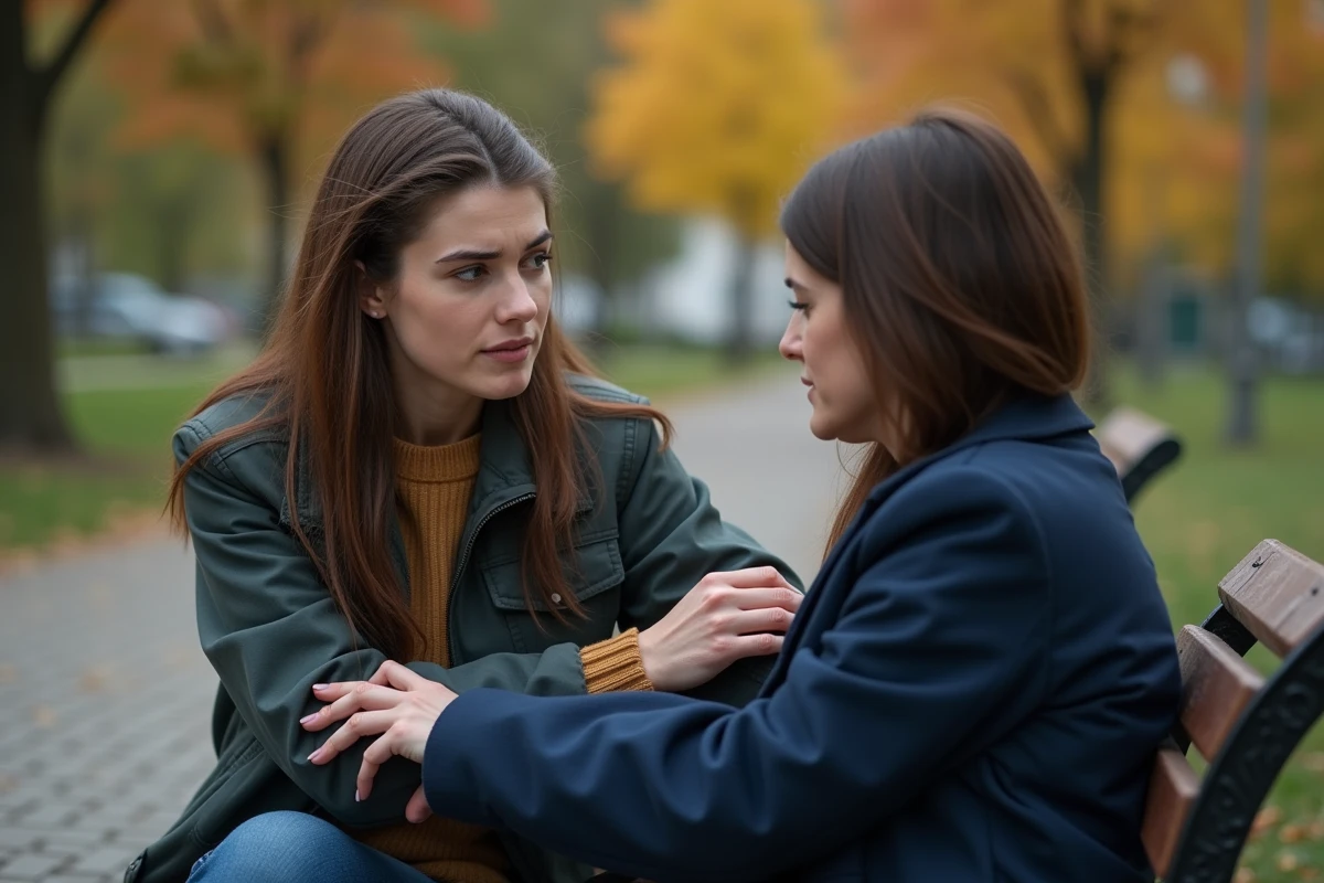 Deux femmes sur un banc de parc, l'une réconfortant l'autre qui semble troublée, signes de mal-être à ne pas ignorer