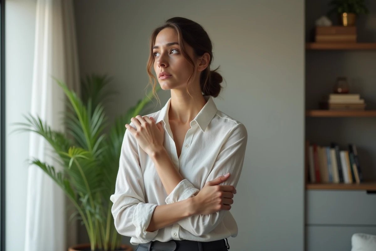 Femme troublée debout près d'une fenêtre dans un appartement, expression émotionnelle révélatrice de signes de détresse