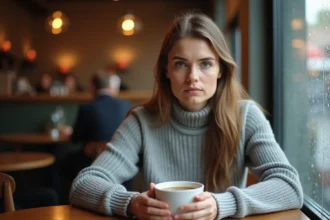 Femme troublée et pensive assise seule dans un café, regard distant, signes émotionnels visibles