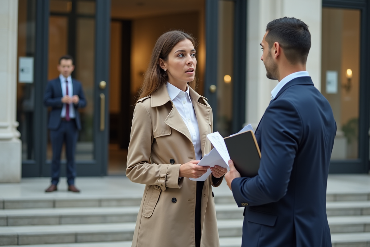 Jeune femme discutant devant une mairie en France