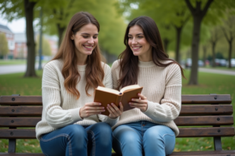 Deux femmes souriantes partageant un livre dans un parc