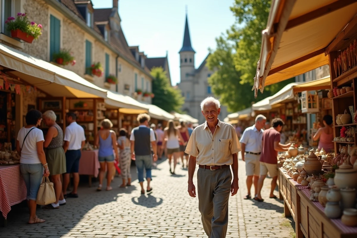 Fête de village animée avec des stands artisanaux et une foule de visiteurs sur une place pavée en France