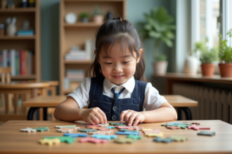 Jeune fille en uniforme assemble un puzzle coloré en classe