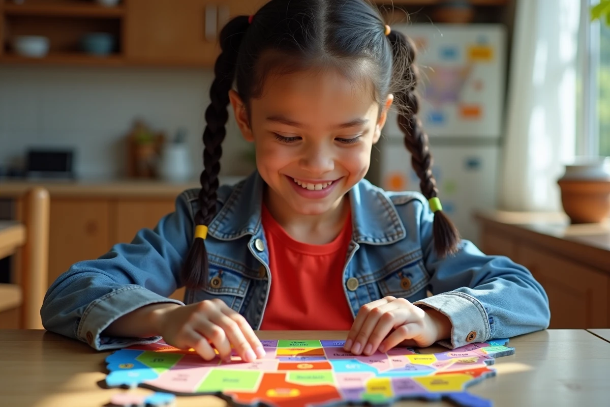 Fille souriante assemble un puzzle des États-Unis à la maison