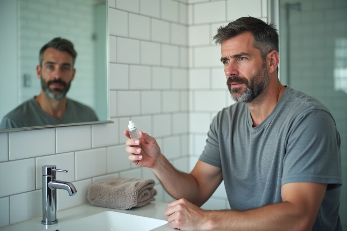 Homme tenant un flacon de 50 ml dans une salle de bain pour illustrer le volume dans la vie quotidienne