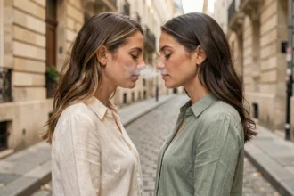 Deux femmes face à face dans une ruelle parisienne symbolisant la connexion entre flammes jumelles à l'heure miroir 12h12