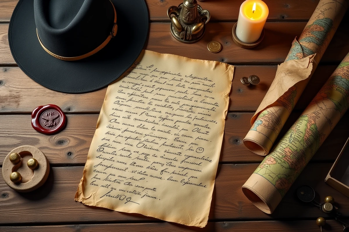 Flat-lay de documents et objets militaires napoléoniens avec lettre manuscrite en cursive française et sceau de cire
