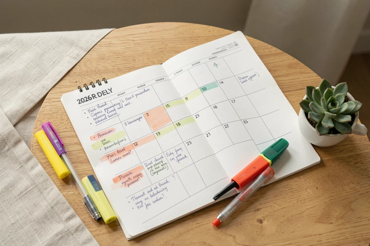 Vue de dessus d'un calendrier trimestriel 2026 ouvert avec surligneurs et notes manuscrites sur une table en bois clair