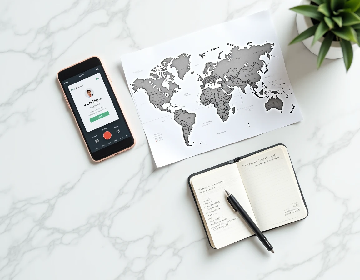 Vue de dessus d'un smartphone affichant l'indicatif +234 Nigéria posé sur une carte du monde ouverte sur l'Afrique avec un carnet de notes