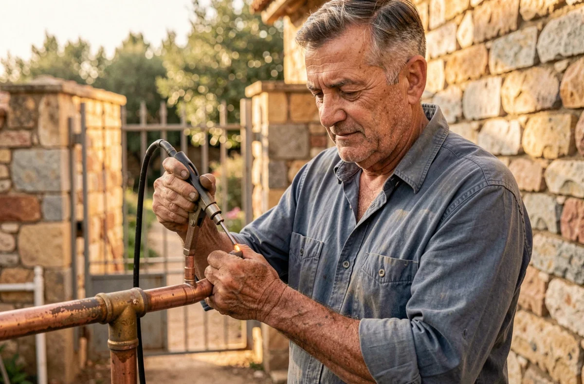 Artisan plombier indépendant Fraysse Christian soudant un raccord en cuivre dans une propriété rurale de l'Hérault