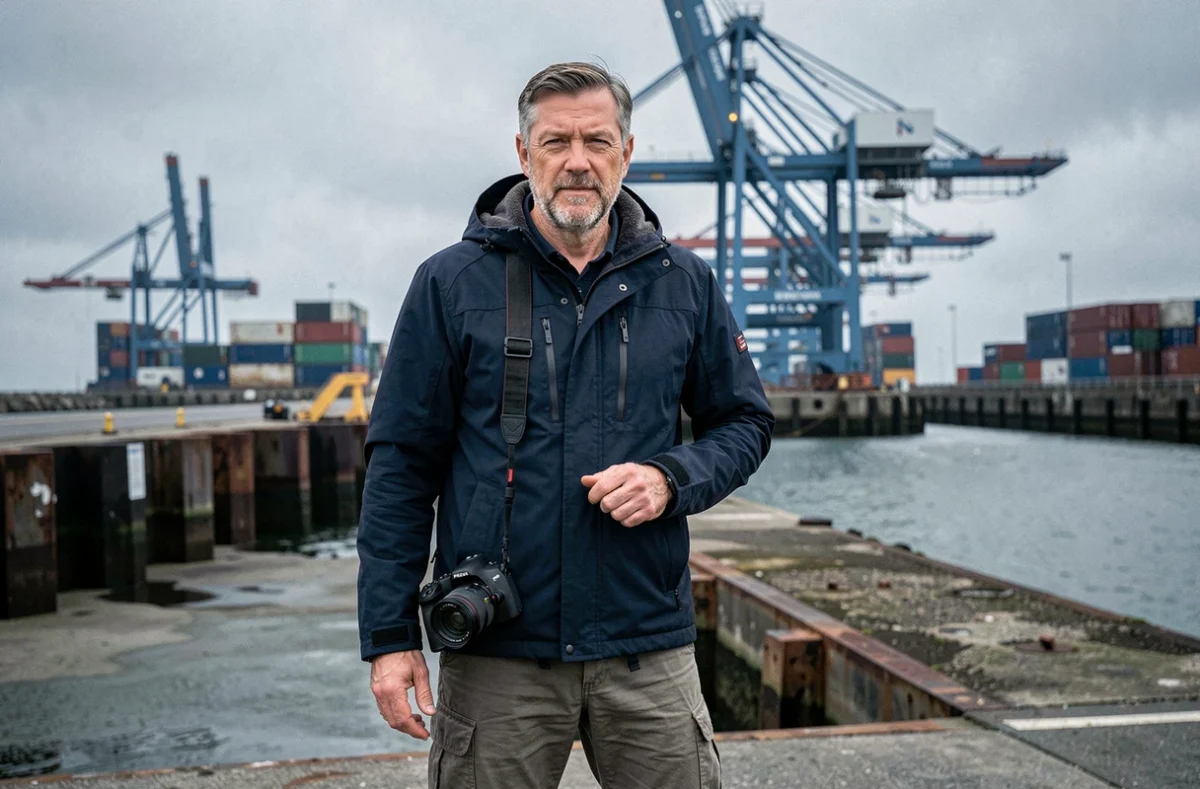 Photographe Fred Hermand posant devant un paysage portuaire industriel de Dunkerque avec son appareil
