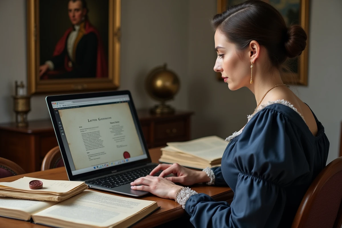 Femme en robe d'époque Régence utilisant un générateur de courrier historique sur un ordinateur portable