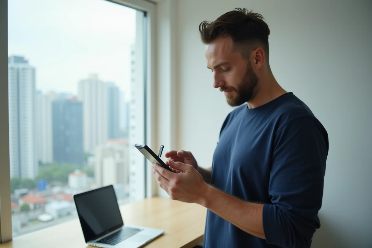 Homme gérant sa puce SIM sans forfait mensuel depuis son appartement moderne avec smartphone en main