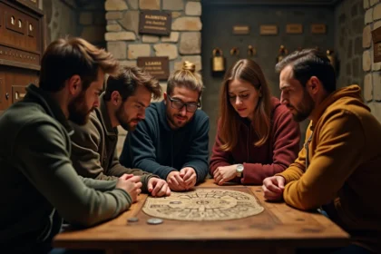 Groupe d'adultes jouant dans une salle d'escape game à Lyon, concentrés sur des énigmes avec décor vintage