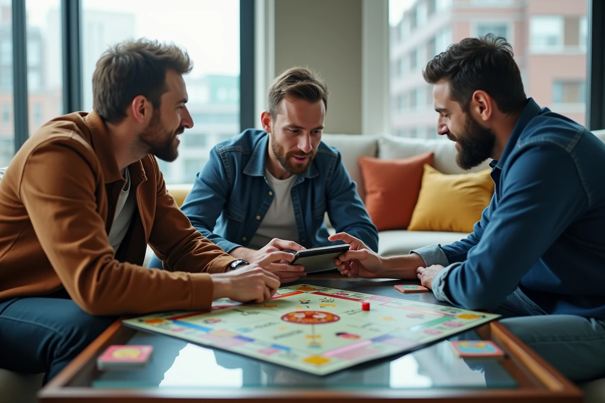 Trois amis discutant stratégie autour d un jeu de société moderne