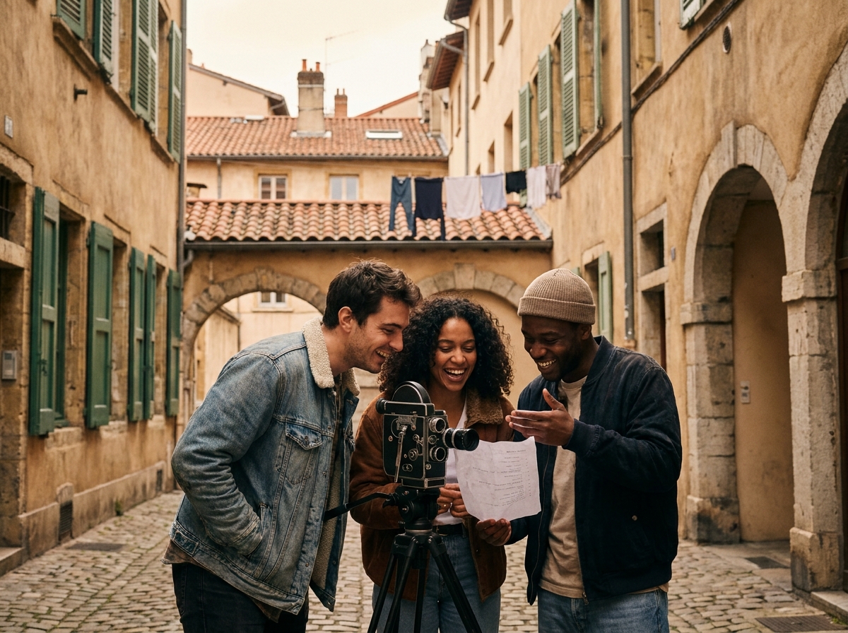 Groupe d'étudiants en cinéma filmant en extérieur dans une traboule typique de Lyon avec une caméra 16mm