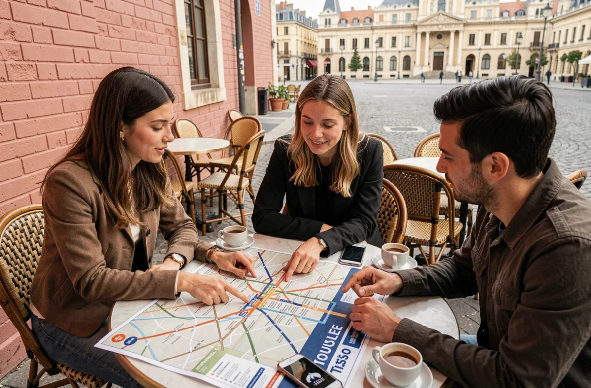 Groupe de nouveaux arrivants étudiant ensemble le plan du métro et tramway de Toulouse en terrasse