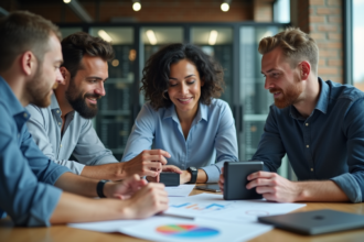 Groupe de professionnels autour d'un tableau de stockage d'entreprise