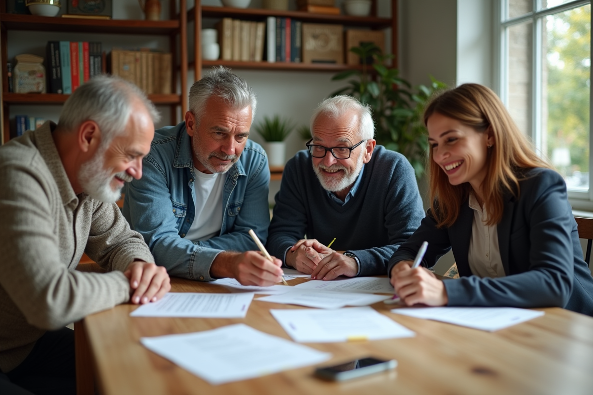Groupe de trois personnes discutant de documents de traduction