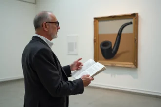 Historien d'art analysant la peinture de Magritte 'Ceci n'est pas une pipe' dans une galerie de musée contemporain