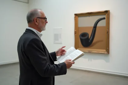 Historien d'art analysant la peinture de Magritte 'Ceci n'est pas une pipe' dans une galerie de musée contemporain