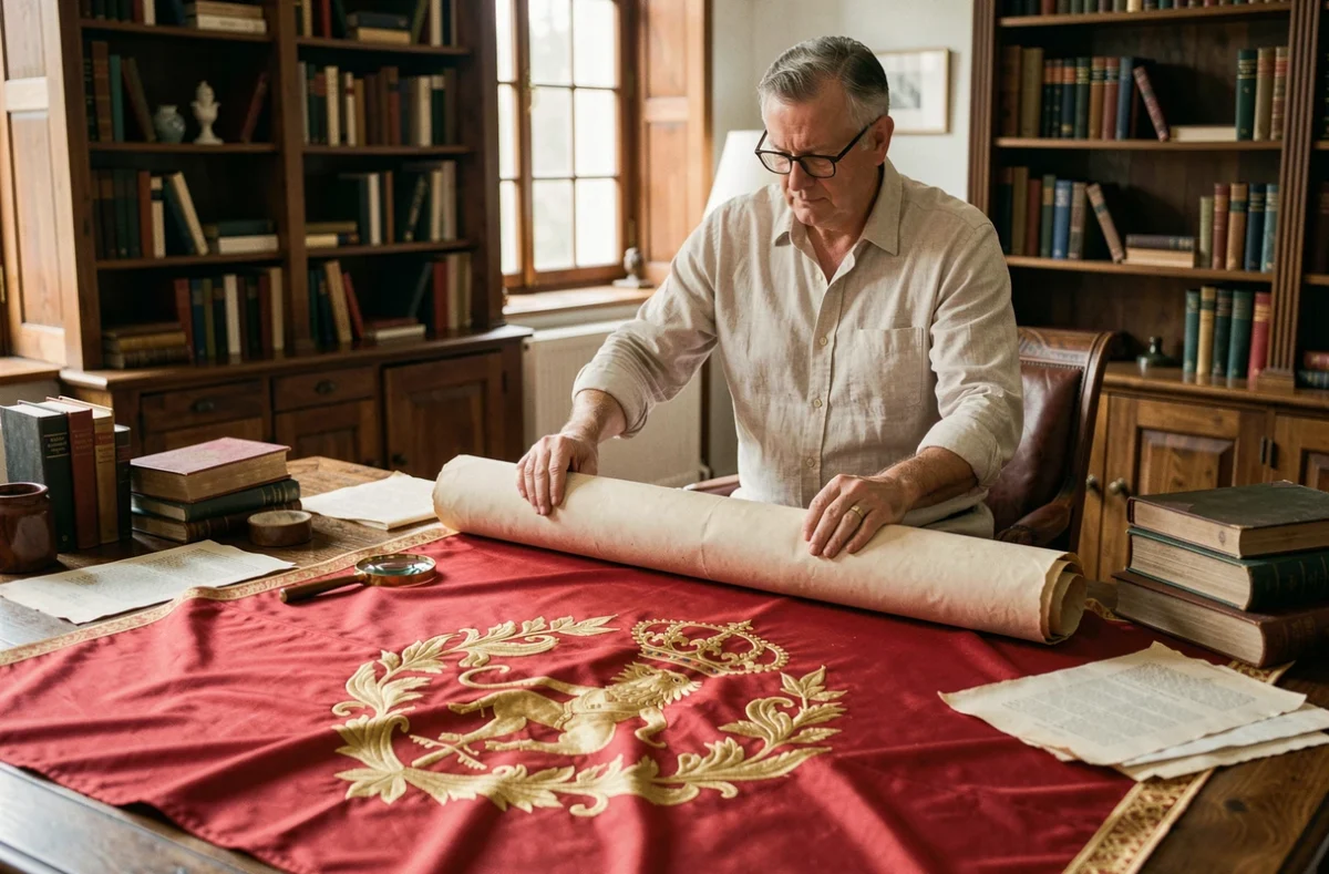 Historien examinant une reproduction de drapeau royal médiéval français sur une table ancienne entourée de livres d'histoire