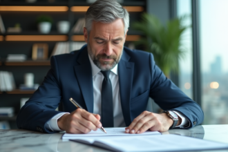 Homme d'affaires en costume navy dans un bureau moderne